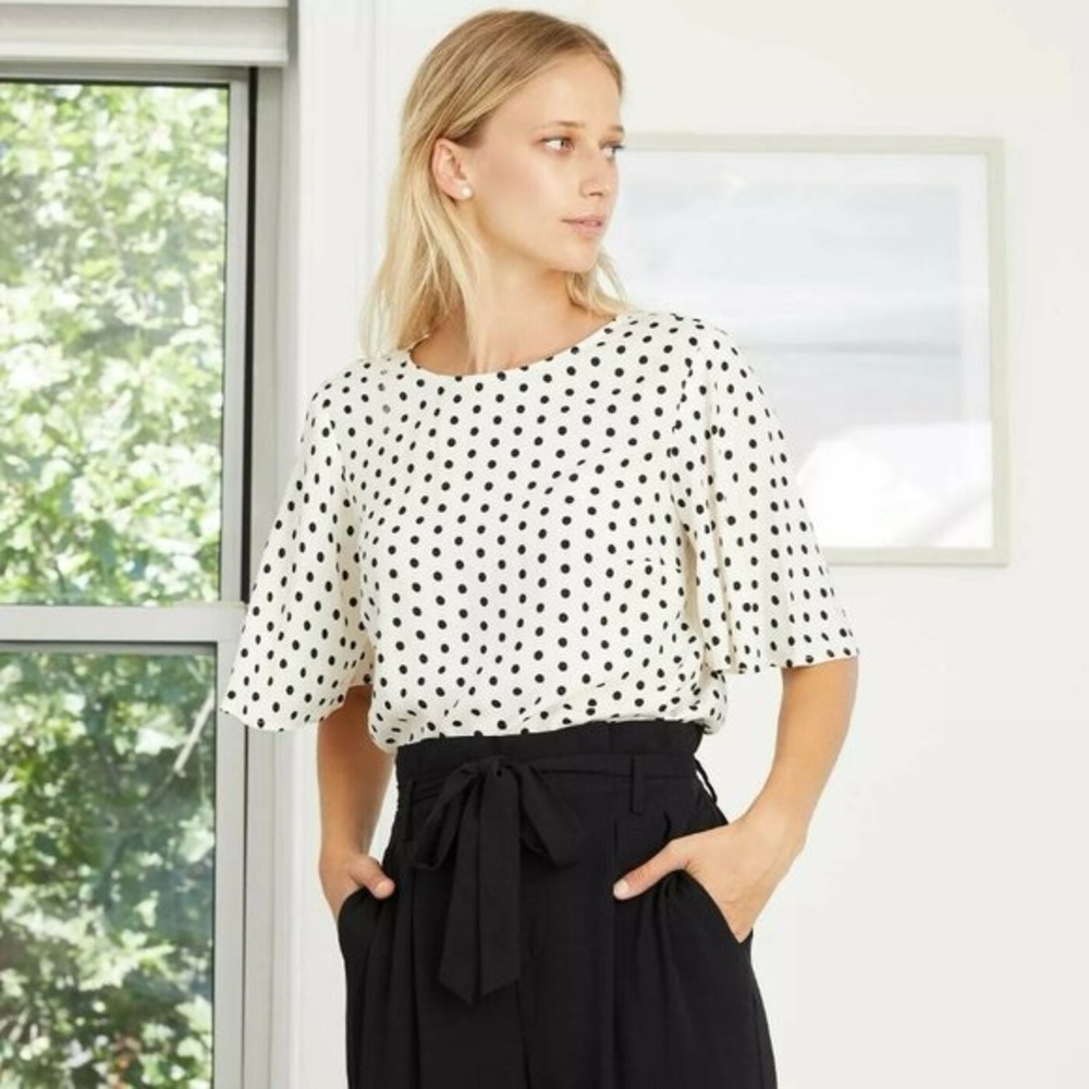 Women’s Polka Dot Short Sleeve Woven T-Shirt - A New Day - White XXL